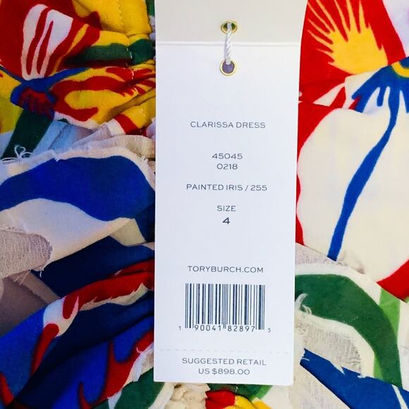 $898 TORY BURCH NWT RUNWAY Authentic Chiffon Iris Blue Cream Red Floral Dress 4 - Picture 14 of 15